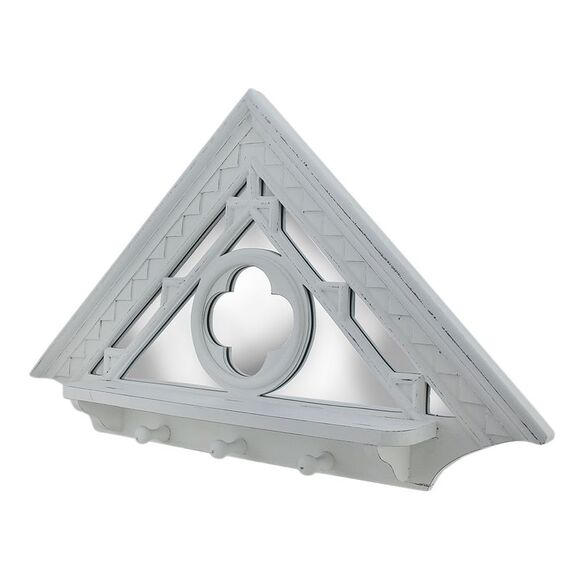 Distressed White Mirrored Architectural Triangle Wall Hook Shelf - Picture 1 of 3